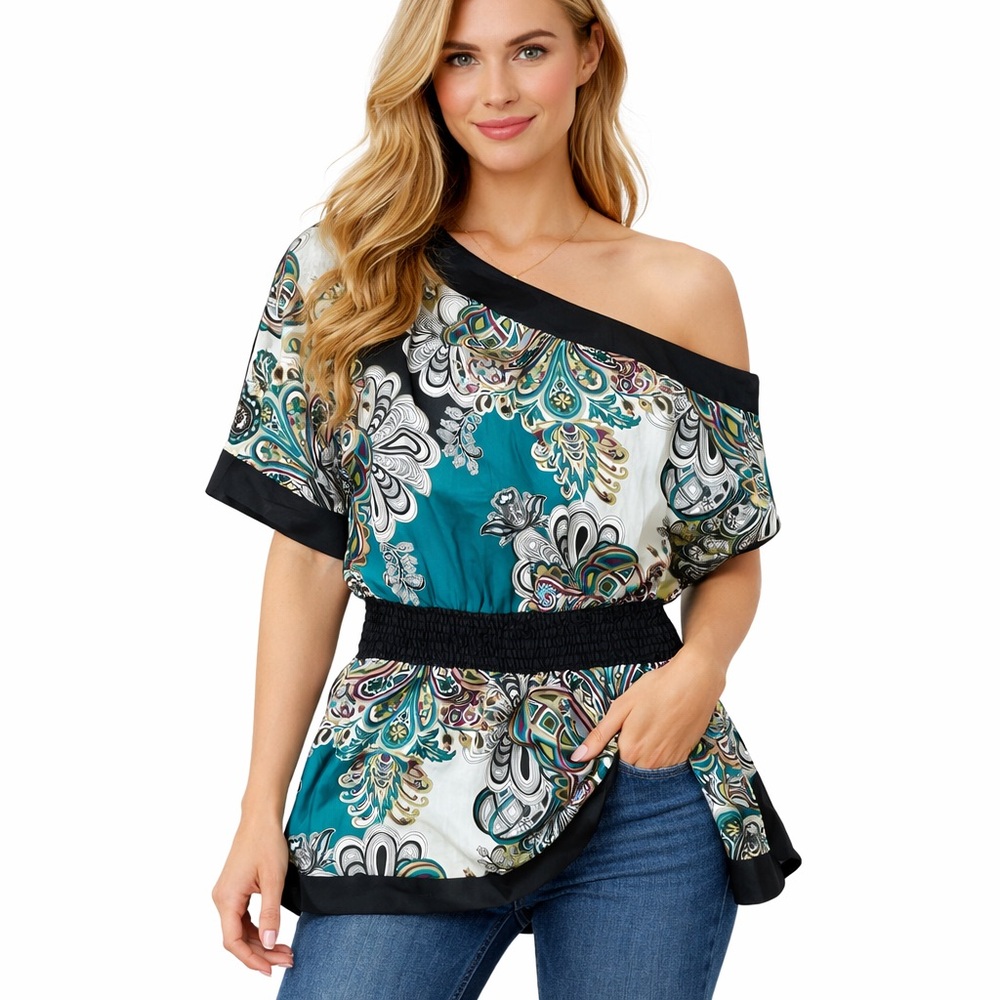 FRIENDS Teal and Black Off-Shoulder Blouse Smocked Waist‎ Babydoll Flare M *
